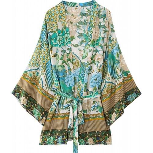 Flare Sleeve Beach Cover Up Kimono With Sashes Side Split Print Pockets Slim Long Cardigan Holiday Cover-Up Autumn Outing New