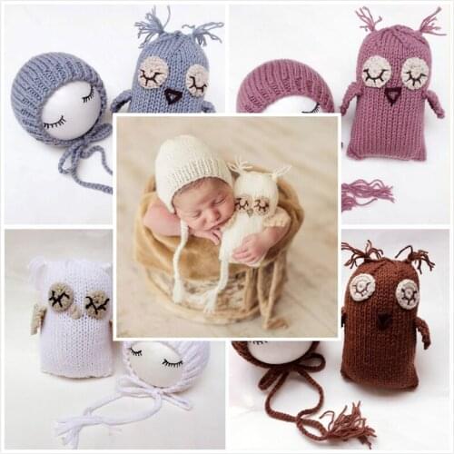 Newborn Baby Photography Props Cute Animal Costume Knitted Hat With Owl Toy Doll Set Shooting Infant Photo Studio Accessories