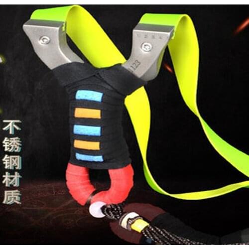 Stainless Steel Fast Pressing Non Binding Flat Leather Rubber Band Catapult Outdoors Powerful Accurate High Precision Slingshot