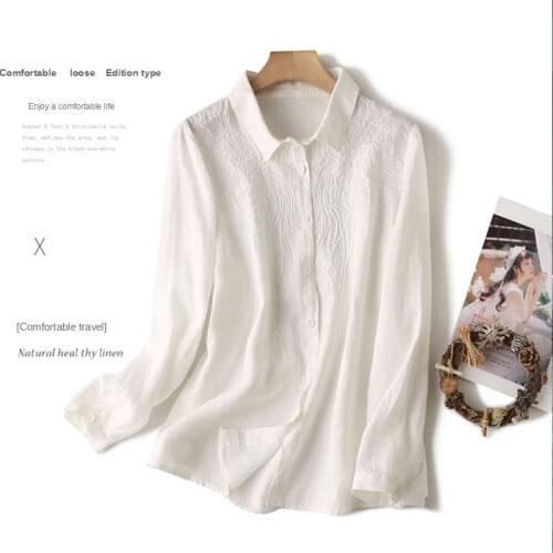Art style heavy industry embroidery cotton and linen shirt womens plus size 2021 spring and summer new Korean casual shirt