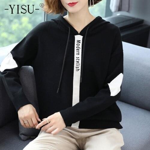 YISU Spring Women Sweater Hooded collar Solid color Knitted pullove Long sleeve Fashion All-match Female Casual Loose Jumper