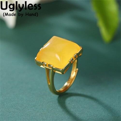Uglyless Luxury Big Size Blank Gemstones Rings for Women Natural Nephrite Jade Square Rings Ethnic 925 Silver Vintage Jewelry