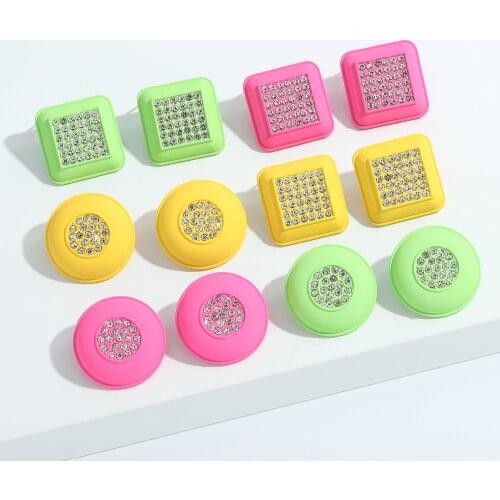 Vedawas Korean Cute Colorful Round Square Earrings for Women Summer Romantic Rhinstone Stud Earrings Dress Accessories Jewelry
