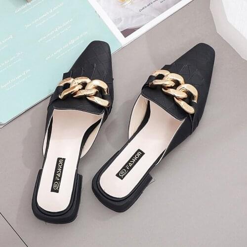 Spring/Autumn Modern Checkered Flat with Metal Buckle Slippers For Outside Ladies