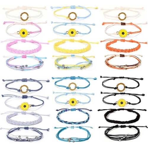 Waterproof Wax Line Bracelet Set Sunflower String Bracelet Handmade Braided Rope Charms Boho Surfer Bracelet for Girls Women