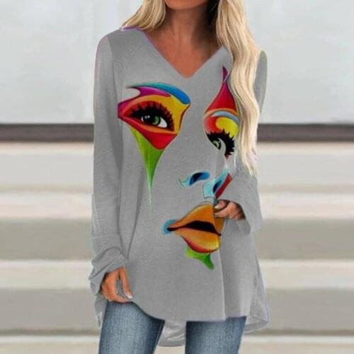 Women Abstract Face Printed T Shirt Women Vintage Long Sleeve Irregular Tops Pullover Casual Streetwear Shirt Plus Size S-5XL