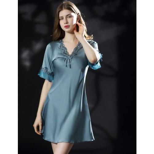 Women Luxurious Sleepwear Nightshirts Lace Summer Nightdress Homewear Nightwear Silk Short Sleeve Nightgown Lounge Sleep Shirt