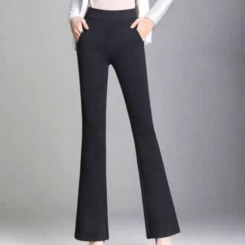 ZHOUTAYLOR Woman Pants Pockets Elastic Waist Solid Flat Ankle-Length Trouser Femme Fashion Slim Fit Flare Bottoms Female S0281