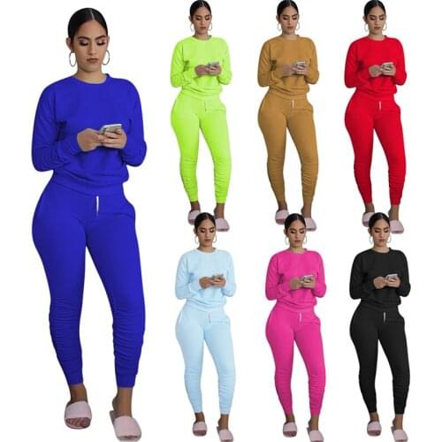 Women Solid Long Sleeve Sets Classic Round Neck Tight Top Pleated Slim-fit Exercise Pants 2PCS Female Cotton Sets 2020 New