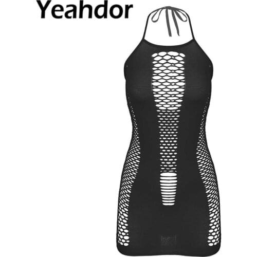 Women Sexy Clubwear Dresses Halter Neck Lace Hollow Out Fishnet Dress Sleeveless Backless Stretchy Bodycon Dresses Nightwear