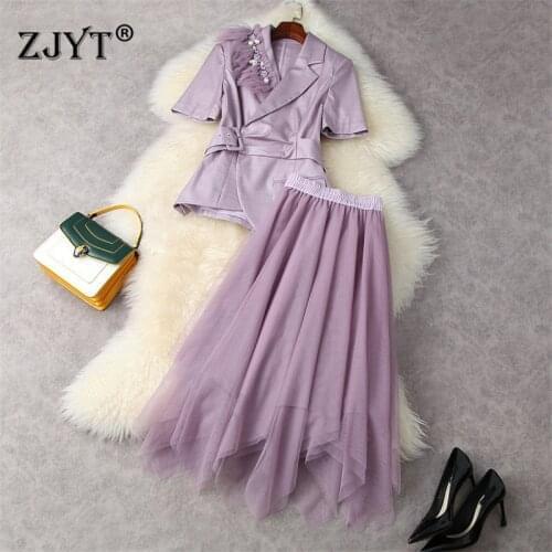 Summer Designers Lady Office Party 2 Piece Set Outfit Women Elegant Diamonds Short Sleeve Blazer+Mesh Skirt Suit Twinset