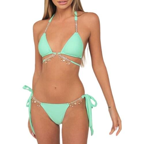 Crystal Rhinestones Two Piece Bathing Suit Female Spaghetti Strap Bikini Tops Bikini Panties Female Beach Swimwear
