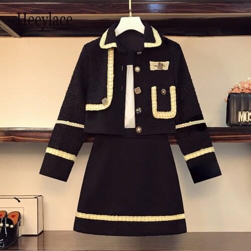 Plus Size Women Clothing Autumn Winter Tweed two-piece set Female Long Sleeve Turn Down Collar Coats And Midi Skirts Suits 4XL