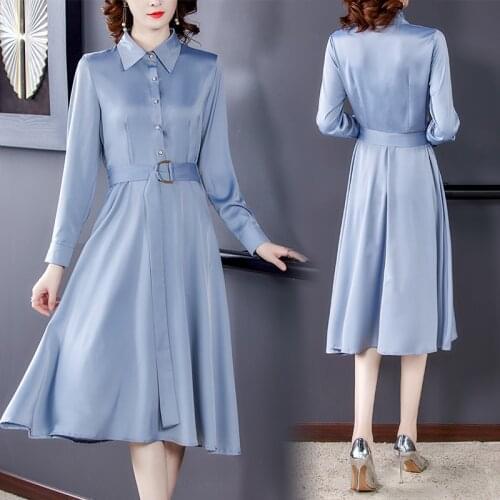2021 Spring Office Lady Mulberry Silk Satin Midi Dress Autumn Casual Vintage Shirt Dresses Women Elegant Bodycon Party Vestidos