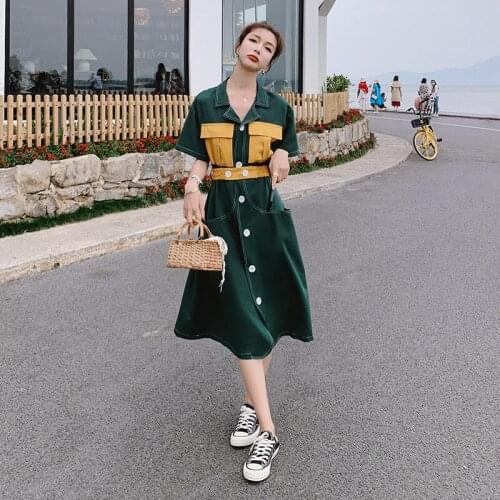 Pocket Stitching Fashion Women Dress 2021 Summer New Style Gentle Temperament High Waist Slimming Short Sleeve Shirt Skirt