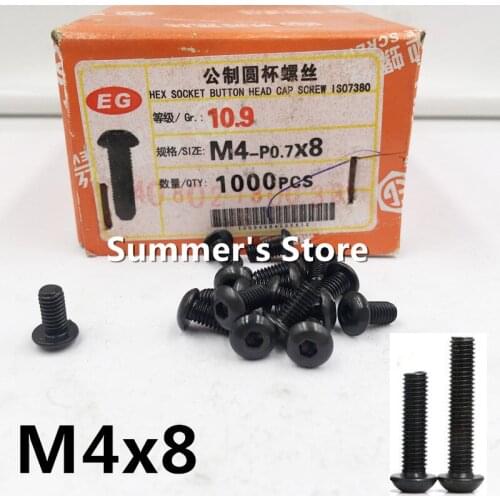 100pcs/lot ISO7380 M4 Alloy Steel Screw Hex Socket Button Head Cap Screw M4*8mm black mushroom head screw bolt Grade 10.9