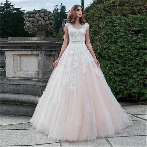 2021 Princess Cap Sleeve Wedding Dresses Appliques Lace A-line Tulle Bridal Gown Button Back Vestidos de Noivas Plus Size New
