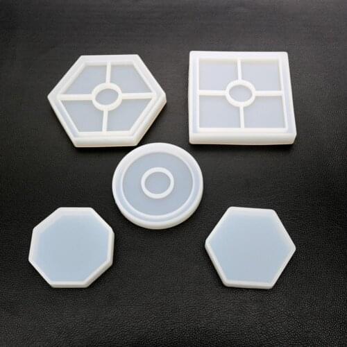 5Pcs DIY Hexagon Round Square Crystal Silicone Epoxy Coaster Craft Decor Mold Epoxy Glass Coaster Craft Tool Decoration Mold
