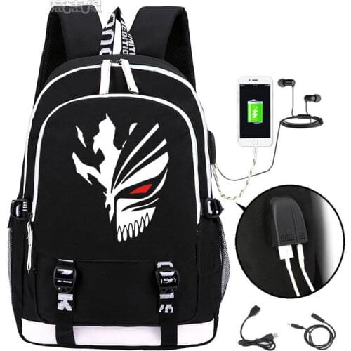 Anime Bleach Ichigo Kuro USB Port Backpack Luminous Book bag Rucksack Student School Bag For Boys Girls Kids Travel Mochila