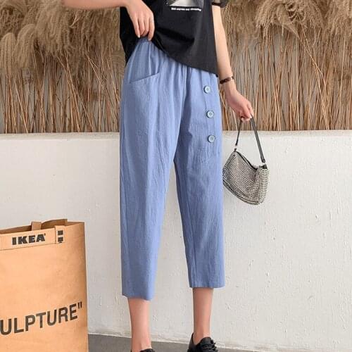 Womens Trousers Summer Women Slacks Cotton Linen Material Elastic Waistband Pants Fashionable Casual Plus Size Ladies Pants