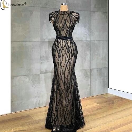 Vestido De Festa Black Lace Mermaid Evening Dresses High Neck Abendkleider Robes Dubai prom Party Gowns