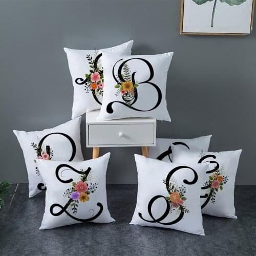 Black Letter English Alphabet Print Pillow Case with Flower Cushion Throw Cover for Sofa Home Decor Room Decoration 45x45cm