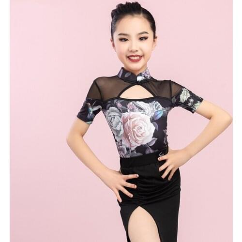 Children Latin Dance Cosutmes Girls Latin Tops Mesh Flower Print Performance Outfit Samba Rumba Cha Cha Dancing Suit DNV14758