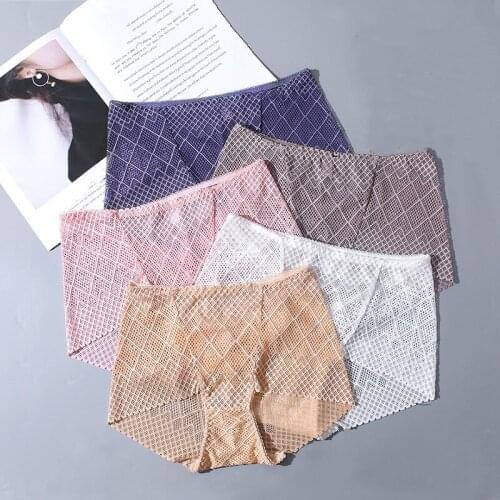 Womens Underwear Panties Sexy Lace Lingerie High Fit Female Boyshort High Waist Briefs Rhombus Mesh Underpant Plus Size