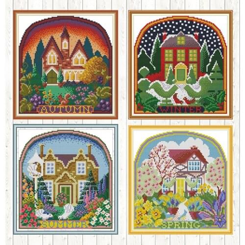 Joy Sunday Cross-stitch-set Embroidery Kit Summer Cottage Scenery Painting DIY Needlework 14ct 11ct Counted Fabric Print Canvas