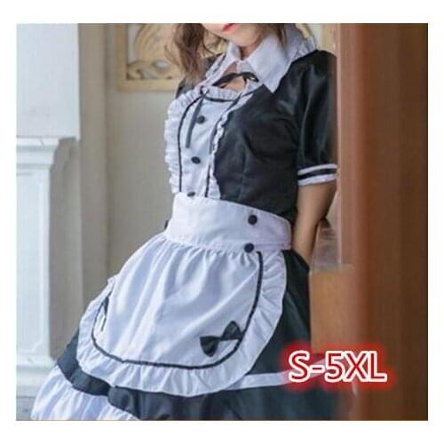 Classic Black Cafe Maid Cosplay Costume Lolita Cute Dress Restaurant Waiter Uniform For Women Including Bow Headdress