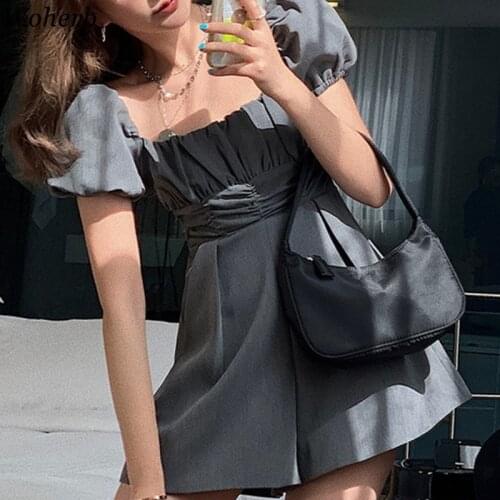 Woherb Womens Jumpsuit Korean Clothes Sweet Slim Fit Ruffles Bodysuit Puff Sleeve Ruffles Rompers Wide Leg Short Pants Playsuit