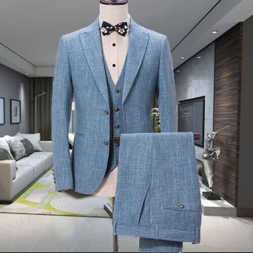 2020 Blue Mens Suits Casual Linen Beach Groom Wedding Suits Tuxedo Tailored Big Size Summer Suits for Men Jacket Pants 3 pieces