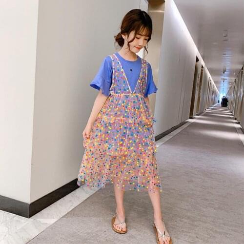 Girls Summer Children Clothes Sets T-shirt + Polka Dot Dress Fashion Outfits for Kids Clothing Two-Piece Set 4 6 8 10 12 13 Year