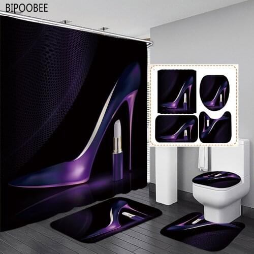 Fashion Fabric Shower Curtain Purple High Heels Bathroom Curtains Set Flannel Toilet Lid Cover Floor Mat Non Slip Carpet