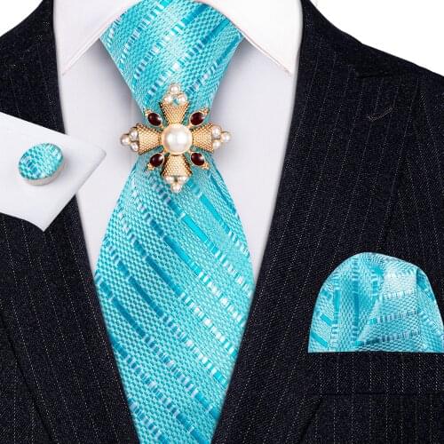 Fashion Brooches Men Wedding Tie Blue Striped Silk Tie Hanky Set Barry.Wang 8.5cm Fashion Designer NeckTies For Men Gift Party