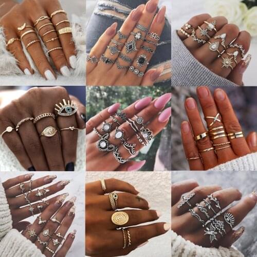 Boho Gold Color Geometric Turkish Eye Flower Ring Set Mix Vintage Crystal Opal Stone Star Gothic Rings for Women Anillos Mujer