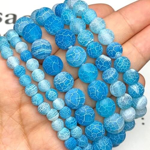 Natural Frost Blue Cracked Dragon Vein Dream Fire Agates Stone Loose Matte Spacer Beads For Jewelry Making DIY Bracelet Findings