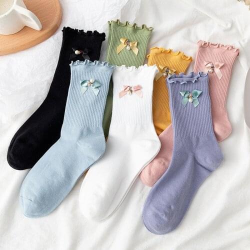 10 pieces = 5 pairs Socks Women Ins Fashion Solid Color Wooden Ear Cotton Bow Pearl Candy-Colored women Socks