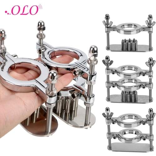 OLO Scrotum Stimulation Lock Cock Ring Stretcher Testicle Clamp Metal Spike Penis Ring Clamp Male Chastity Training Device