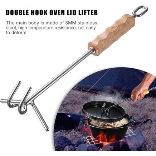 Dutch Oven Lid Lifter Stainless Steel 2 Hook With Spiral Bail Anti-rust Lifter Soup Pot Lifting Carry Tool For Outdoor Cooking