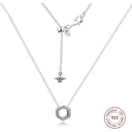 Sparkling Honeycomb Hexagon Collier Necklace 925 Sterling Silver Clear CZ Pendant Necklaces for Women Fashion Jewelry Wholesale