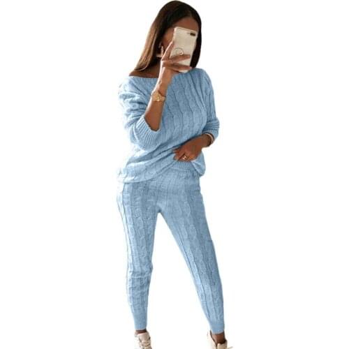 Vetement femme Casual Women Suit Autumn Winter Solid Color Knit Outfit Sweater Jumper Pants Trousers Outfit Sets Женский костюм