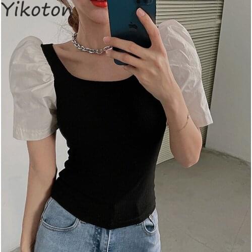 2021 New Summer Clothes For Women Puff Sleeve T-Shirts Female Basic Patchwork Ladies Clothing Kawaii O-Neck Shirt Tops Fashion
