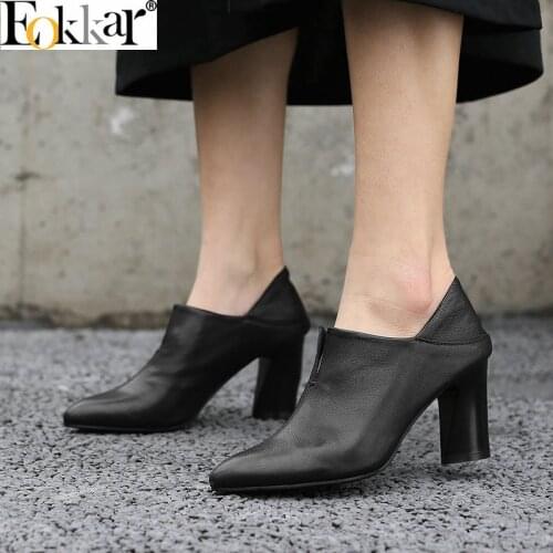 Eokkar 2019 Chunky Heels Pointed Office Women Casual Shoes Cow PU Leather Black Ladies Pumps Black Platform Shoes Size 34-39