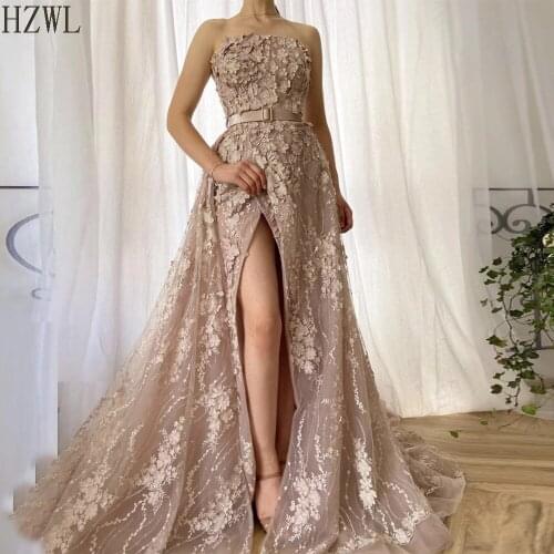 Lovely Tuscany Pink Petals Lace Applique Evening Dresses 2020 for Womens Special Occasions Belt A-Line Open Skirt Prom Dress