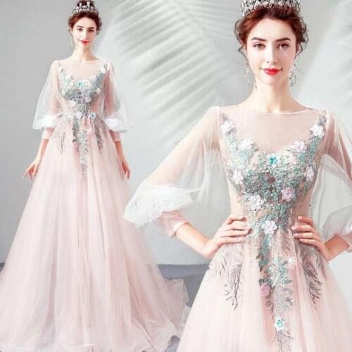 2020 New Fairy Color Embroidered Pink Bride Wedding Wedding Dress Spring Long Burgundy Dress for Wedding Vestido De Noiva