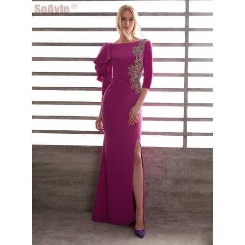 SoAyle Elegant 3/4 sleeve Evening Dress Boat Neckline Lace Beaded Purple Elasticity Prom Party Gown Sexy Split Godmother Dresses