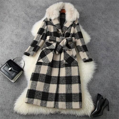 Winter Women Fur Collar Thicken Warm Wool Blends Overcoat Elegant Lady Vintage Plaid Woolen Jackets and Coats Loose Outerwear
