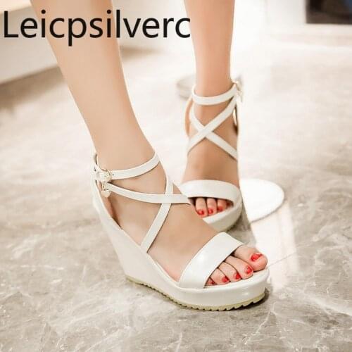 Womens Sandals summer new style Fashion Solid Open toe Buckle Narrow Band Wedge High heel Womens shoe plus size 33-43