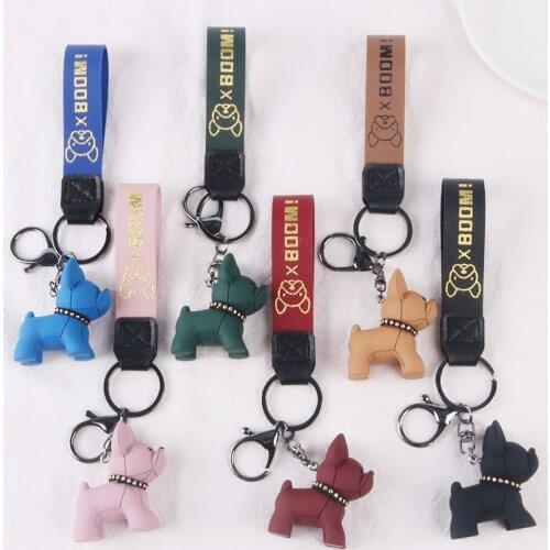 Bulldog Pendant Keychains Dog Leather Silicone Strap Keychain for Women Bag Car Key Ring Lobster Clasp Key Chain Jewelry